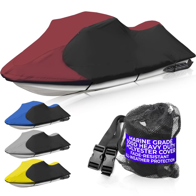 JETPRO Trailerable Jet Ski Cover, Waterproof Marine Grade 600D Heavy Duty Polyester PWC Cover Burgundy/Black Fits from 116"-125" 2 Seater - Image 1
